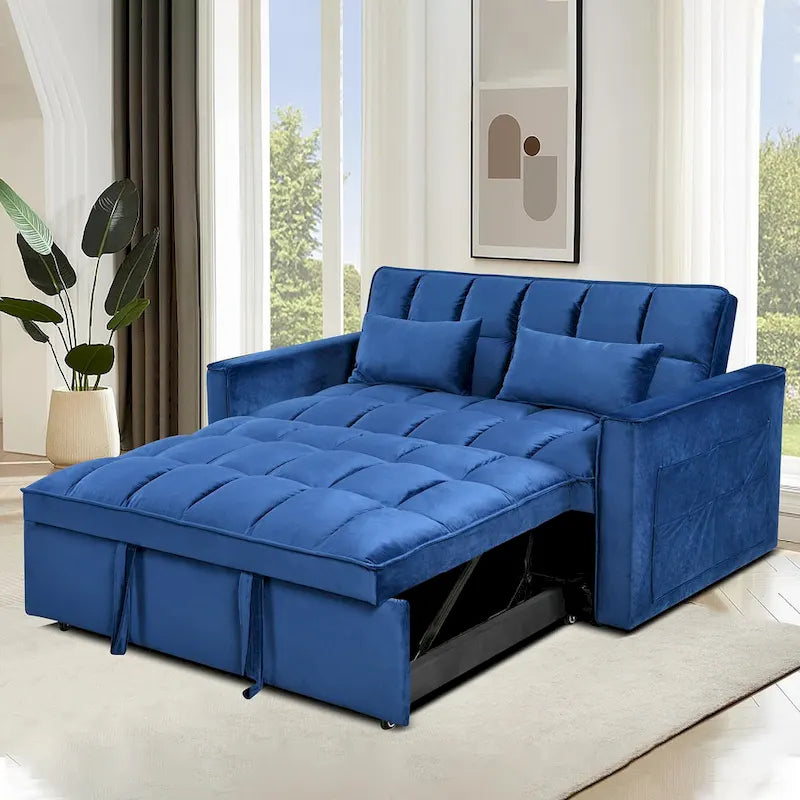 Causeuse de futon moderne en velours avec dossier inclinable et poches, 2 places – Gris foncé / Gris clair / Bleu / Noir