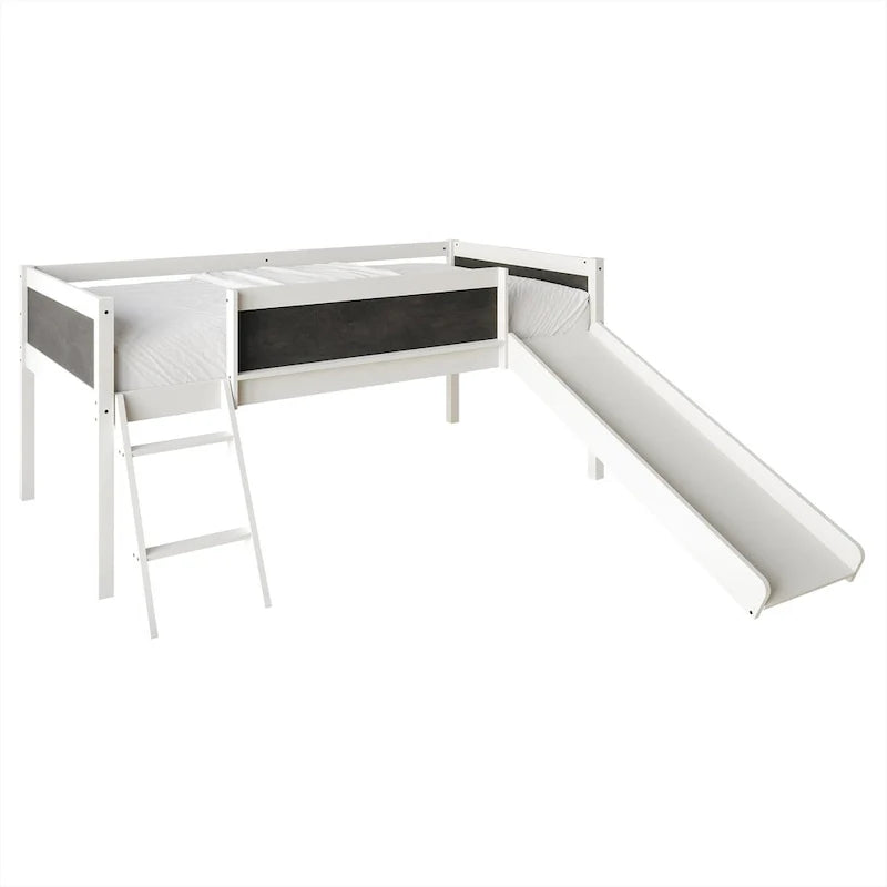 Lit mezzanine bas classique double CraftPorch avec tableau noir, toboggan et échelle
