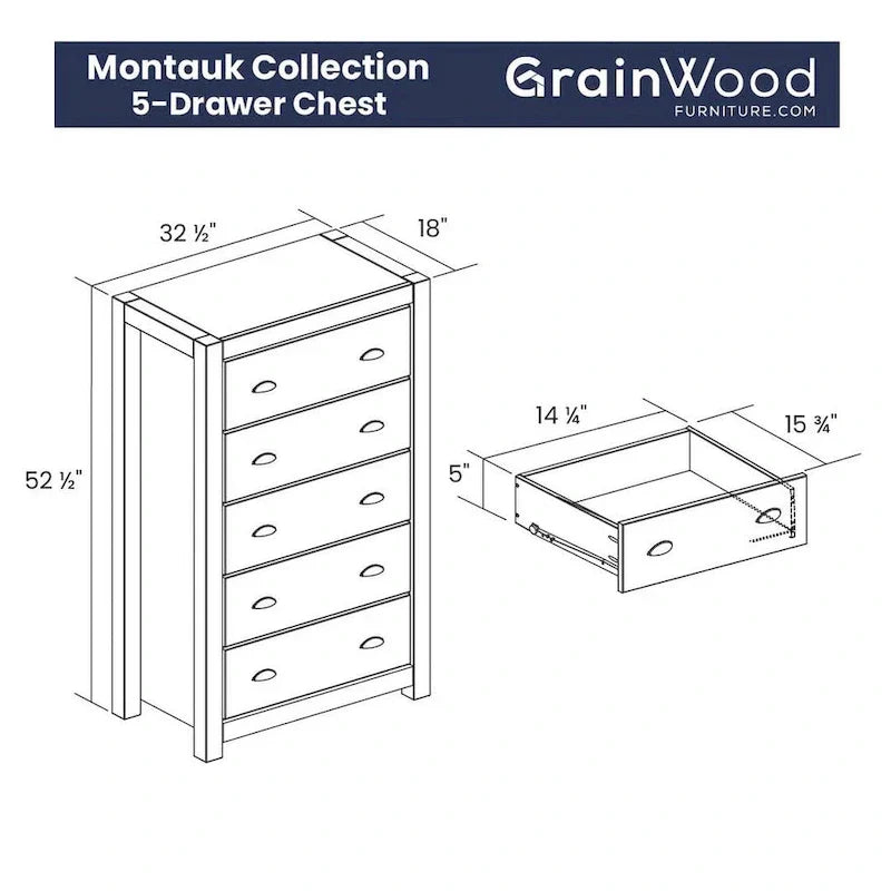 Grain Wood Furniture Montauk Coffre 5 tiroirs en bois massif