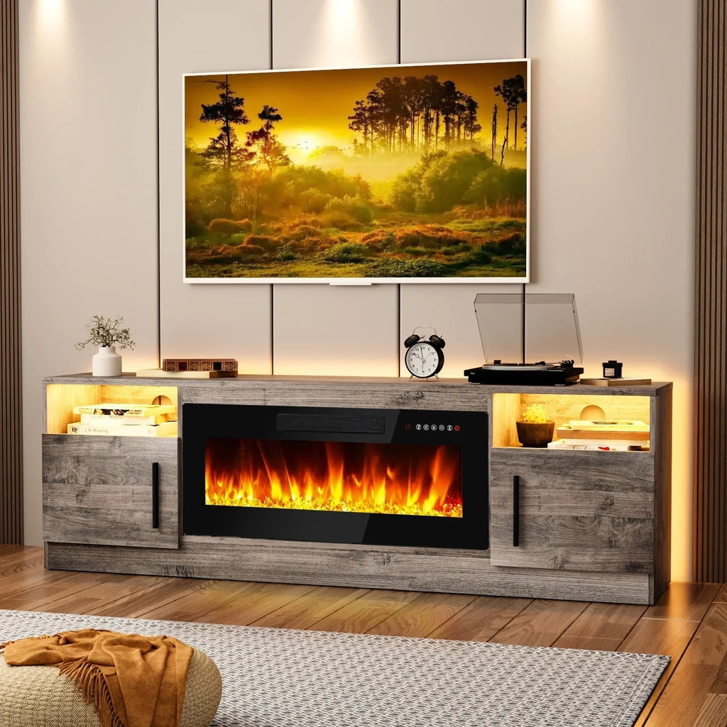 Bossin Meuble TV avec foyer 70 avec foyer électrique 36, meuble TV pour téléviseurs jusqu'à 80, LED 16 couleurs/meuble de divertissement