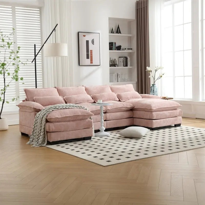 Canapé Sectionnel Canapé Nuage pour Salon, Canapé Moderne Forme U en Chenille/Bouclette, Canapé-Lit Modulable Confortable avec Double Méridienne