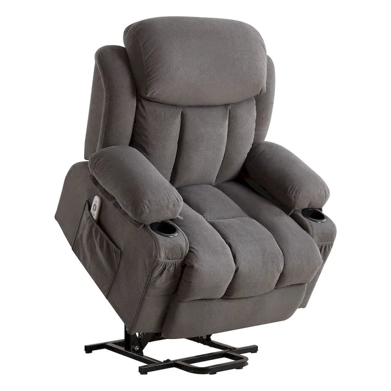 Fauteuil releveur électrique gris avec massage chauffant, charge USB, télécommande et poches latérales pratiques pour seniors