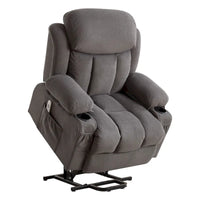 Fauteuil releveur électrique gris avec massage chauffant, charge USB, télécommande et poches latérales pratiques pour seniors