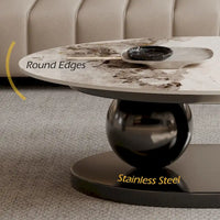Table basse ovale moderne Pandora 51 avec plateau en pierre frittée brillante, table basse de luxe, pieds en acier inoxydable pour salon