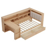 Canapé lit de jour en bois en forme de L avec bureau, bibliothèque, lit d'angle avec tiroirs sous le lit, tête de lit tapissée et éclairage intégré
