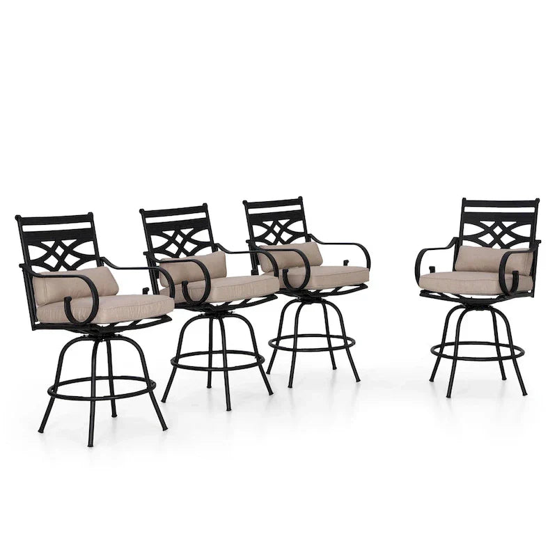Ensemble de 4 chaises de bar de patio pivotantes en métal avec coussins pour l'extérieur