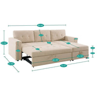 Canapé sectionnel réversible avec lit escamotable, méridienne de rangement dissimulée, pieds durables,