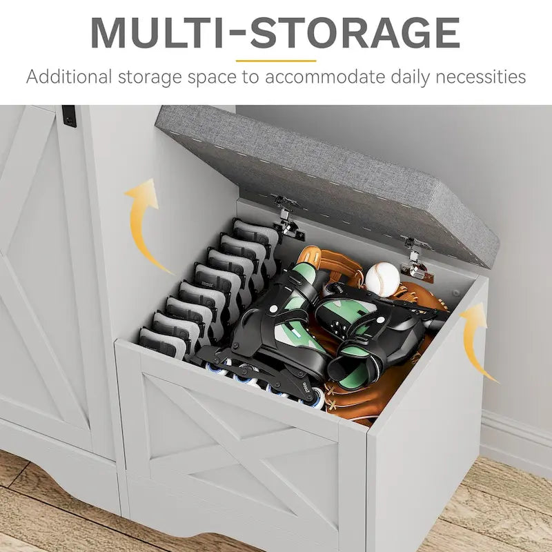 Meuble à chaussures farmhouse avec porte coulissante, banc à chaussures, meuble de rangement à 5 niveaux avec étagères réglables pour 20 paires