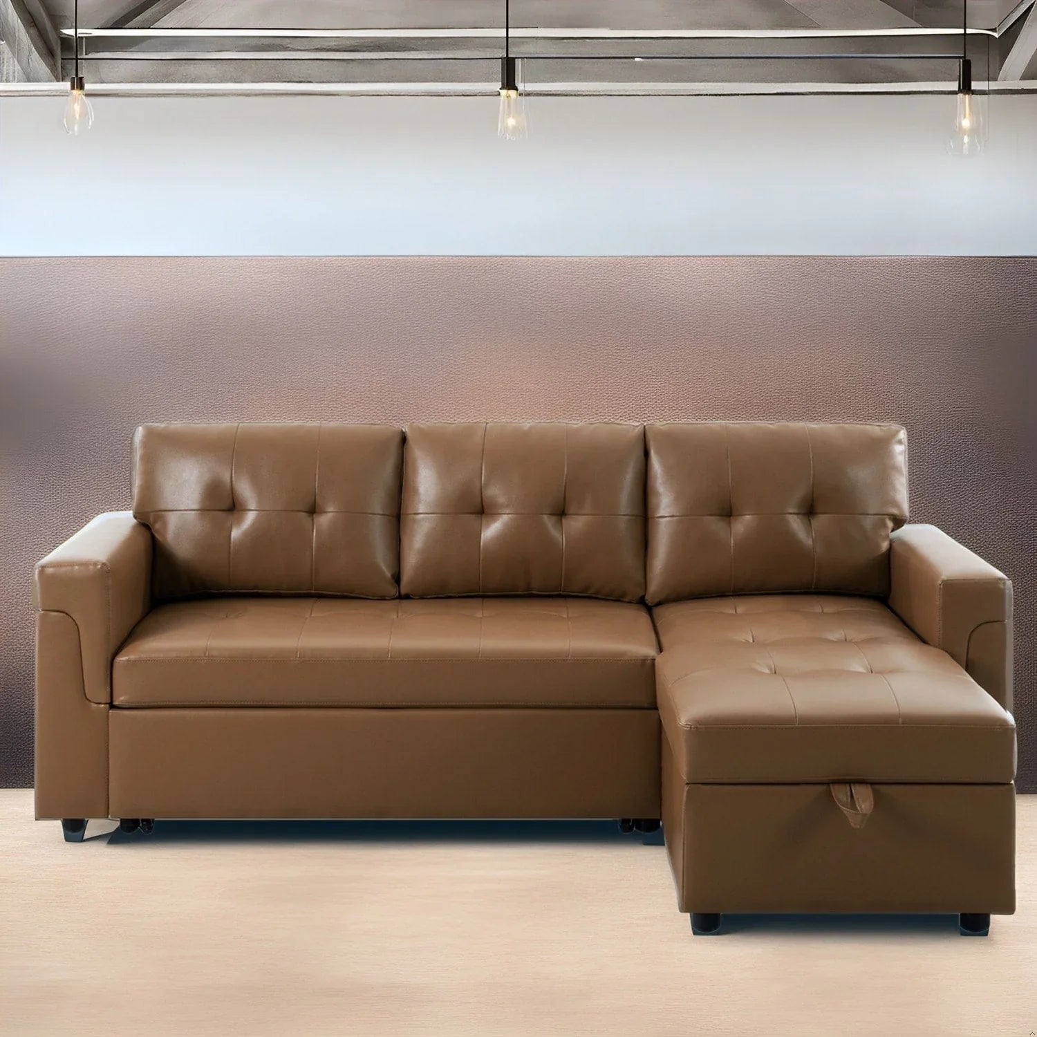 Canapé sectionnel convertible réversible avec lit escamotable, méridienne de rangement dissimulée et pieds durables