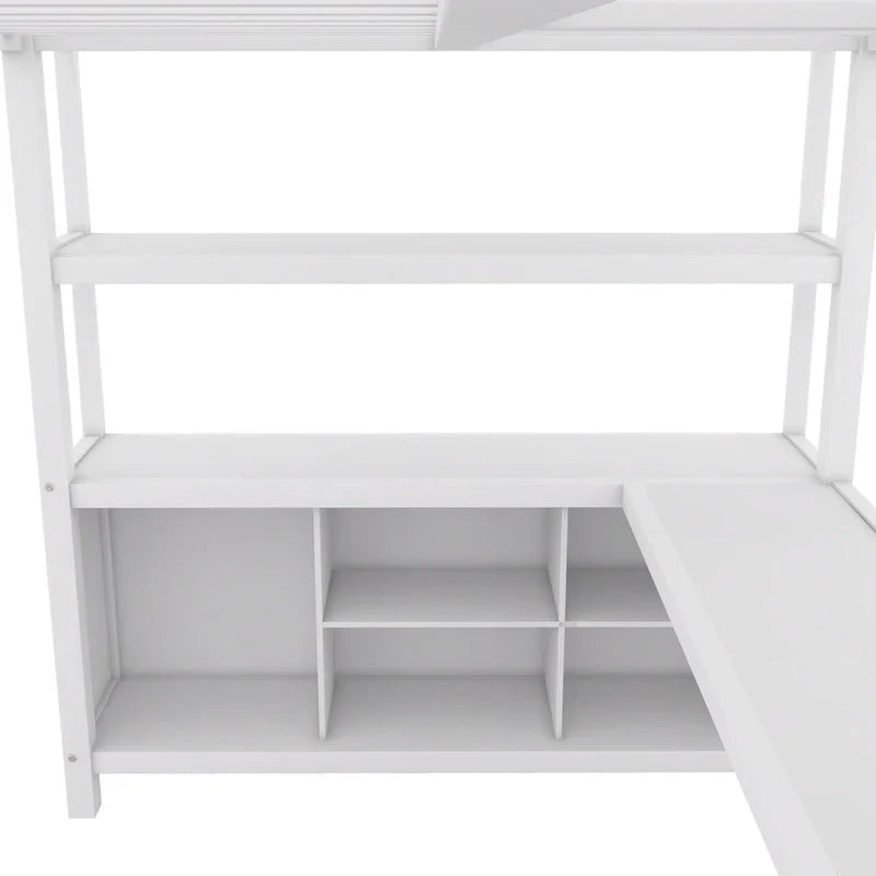 Lit mezzanine en métal blanc cassé avec bureau et armoire - Grand lit