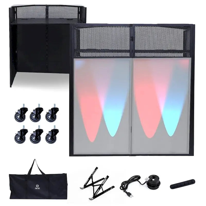Ensemble de table de cabine DJ portable avec éclairage intégré, étui de transport robuste et dimensions compactes 40x20 pouces