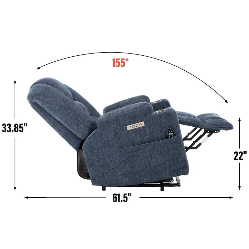 Fauteuil releveur électrique avec massage et chauffage, fauteuils inclinables larges rembourrés Lazy Boy avec USB, ports Type C et 2 porte-gobelets en acier