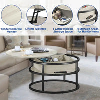 Table basse ronde relevable Moasis Farmhouse avec rangement dissimulé et étagère