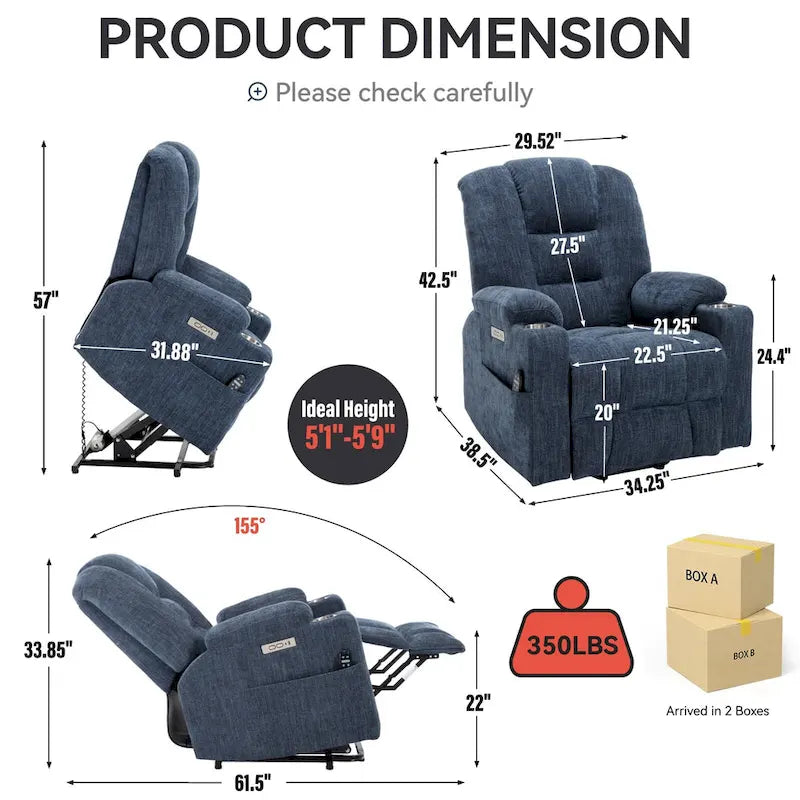 Fauteuil releveur électrique avec massage et chauffage, fauteuils inclinables larges rembourrés Lazy Boy avec USB, ports Type C et 2 porte-gobelets en acier
