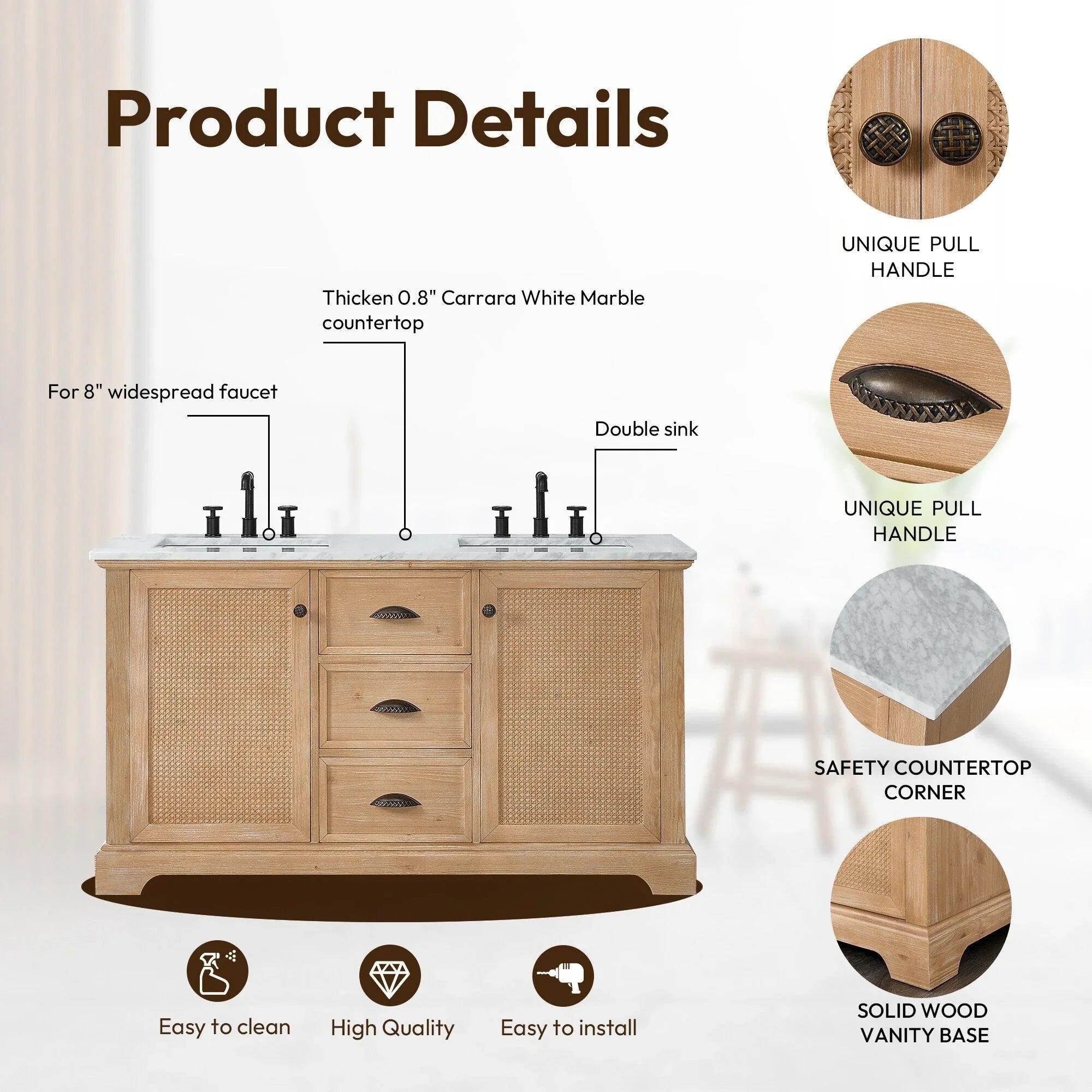 Hervas Meuble-lavabo avec dessus en marbre naturel sans miroir