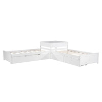 Lit plateforme en L moderne blanc de taille double avec lit gigogne et tiroirs pour chambre à coucher