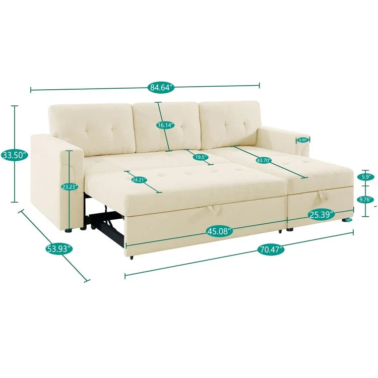 Canapé sectionnel convertible réversible avec lit escamotable, méridienne de rangement dissimulée et pieds durables