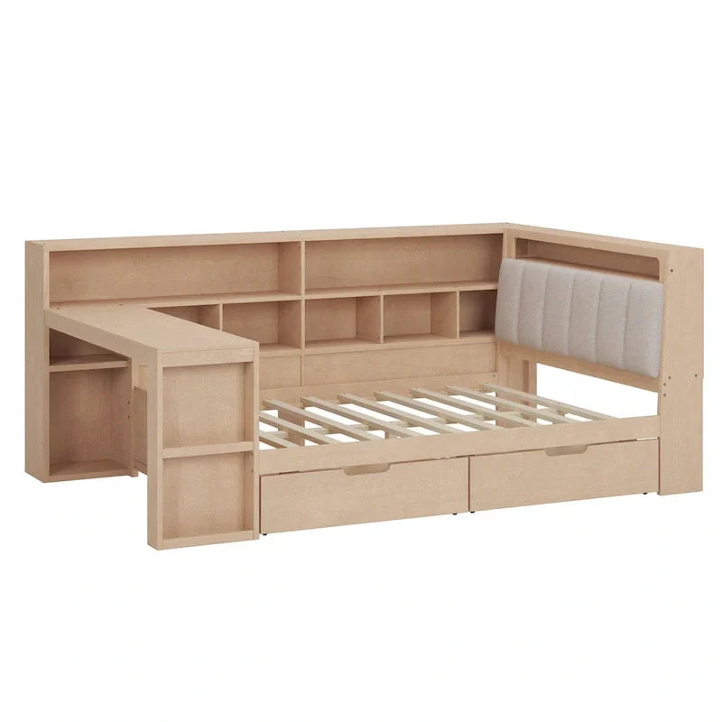 Canapé lit de jour en bois en forme de L avec bureau, bibliothèque, lit d'angle avec tiroirs sous le lit, tête de lit tapissée et éclairage intégré
