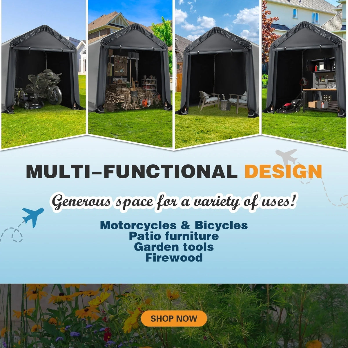 Abri de rangement extérieur et auvent carport : abri portable pour vélos, motos et rangement de jardin