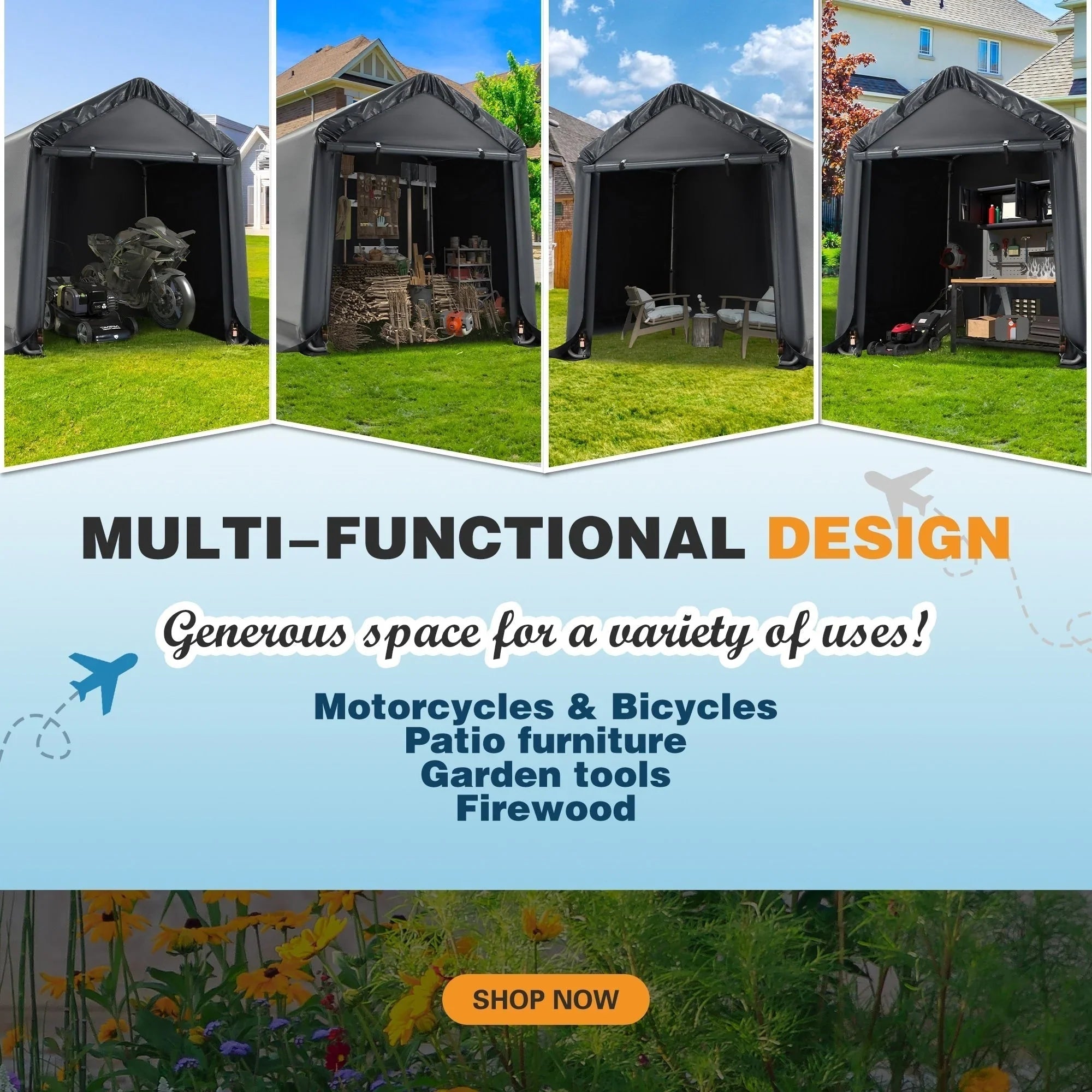 Abri de rangement extérieur et auvent carport : abri portable pour vélos, motos et rangement de jardin