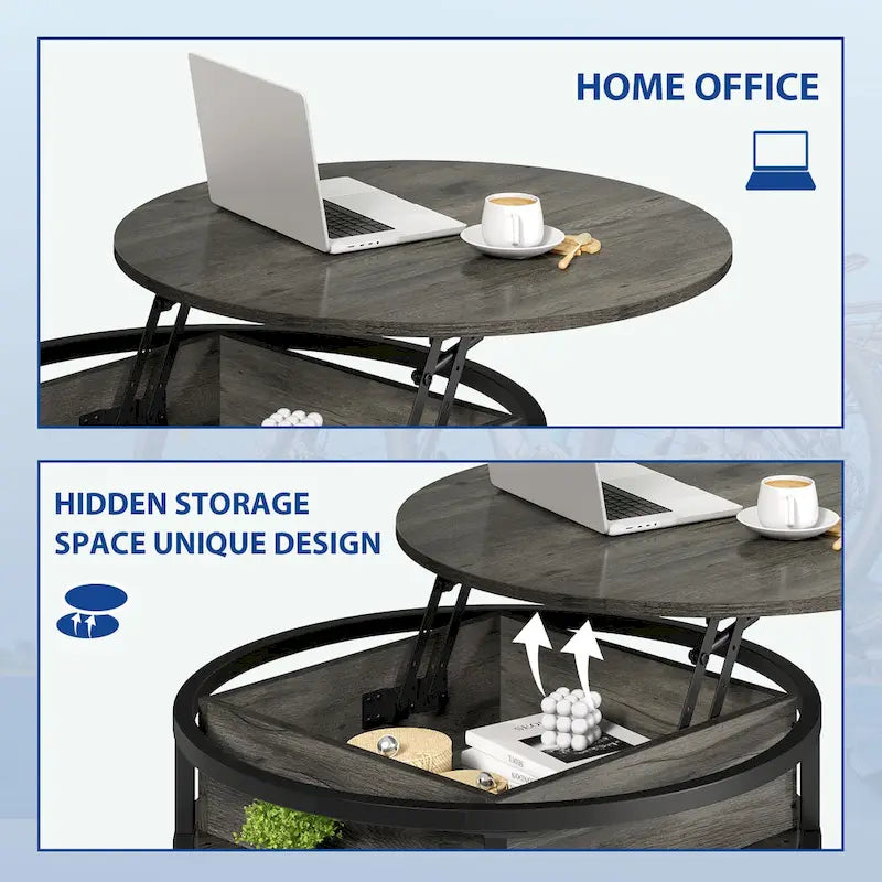 Table basse ronde relevable Moasis Farmhouse avec rangement dissimulé et étagère