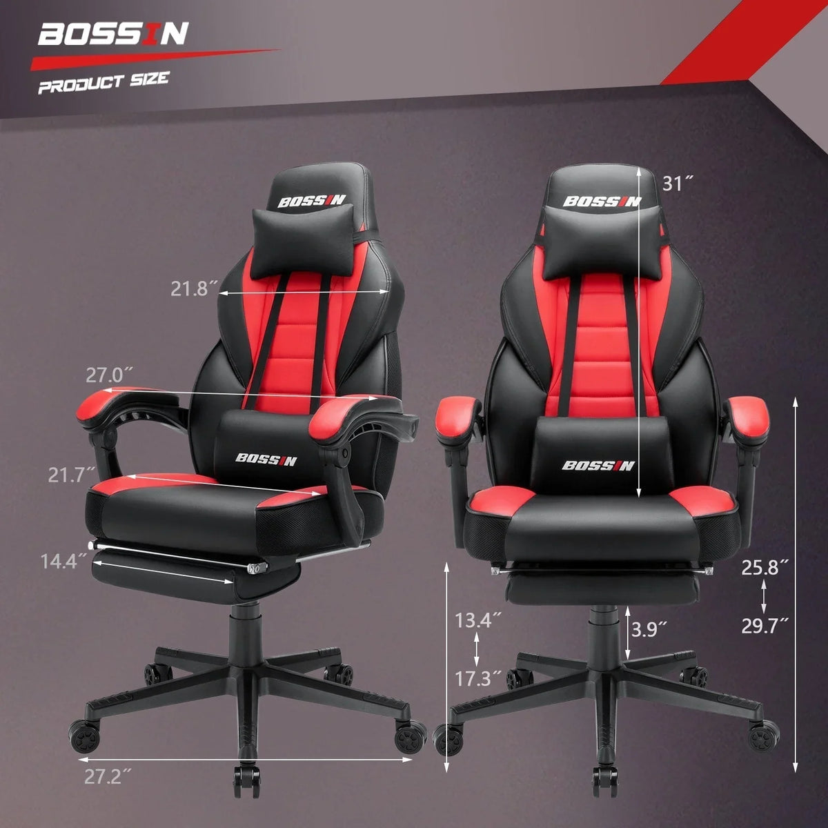 BOSSIN Chaise de gaming style racing, chaise de gamer grande et haute 300 lb à dossier haut chaise informatique