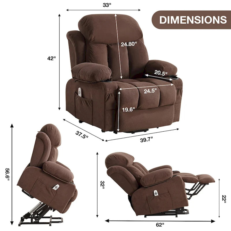 Fauteuil releveur électrique gris avec massage chauffant, charge USB, télécommande et poches latérales pratiques pour seniors