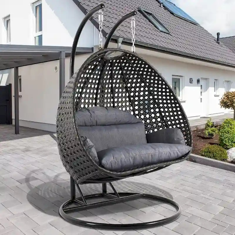 LeisureMod fauteuil œuf suspendu 2 personnes avec support - balancelle hamac d'extérieur / intérieur en rotin tressé avec coussins