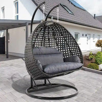 LeisureMod fauteuil œuf suspendu 2 personnes avec support - balancelle hamac d'extérieur / intérieur en rotin tressé avec coussins