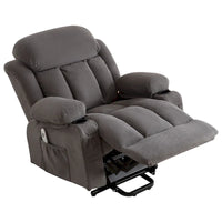 Fauteuil releveur électrique gris avec massage chauffant, charge USB, télécommande et poches latérales pratiques pour seniors