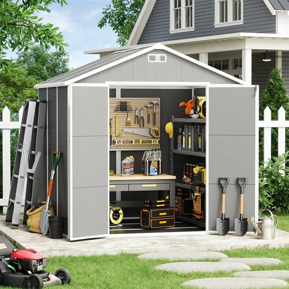 Abri de rangement extérieur en résine tout temps 6 pi x 4 pi/6 pi x 8 pi/8 pi x 6 pi/8 pi x 10 pi avec plancher, abri à outils Spire