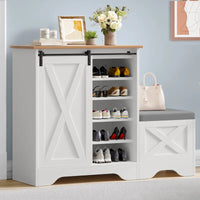 Meuble à chaussures farmhouse avec porte coulissante, banc à chaussures, meuble de rangement à 5 niveaux avec étagères réglables pour 20 paires