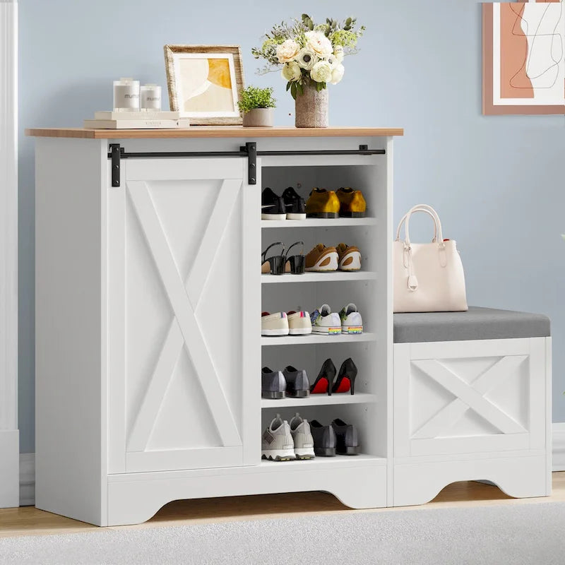 Meuble à chaussures farmhouse avec porte coulissante, banc à chaussures, meuble de rangement à 5 niveaux avec étagères réglables pour 20 paires