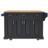 54 Grand îlot de cuisine avec plateau rabattable en bois d'hévéa, chariot de cuisine roulant à texture gaufrée sur 4 roues avec 4 portes et 3 tiroirs