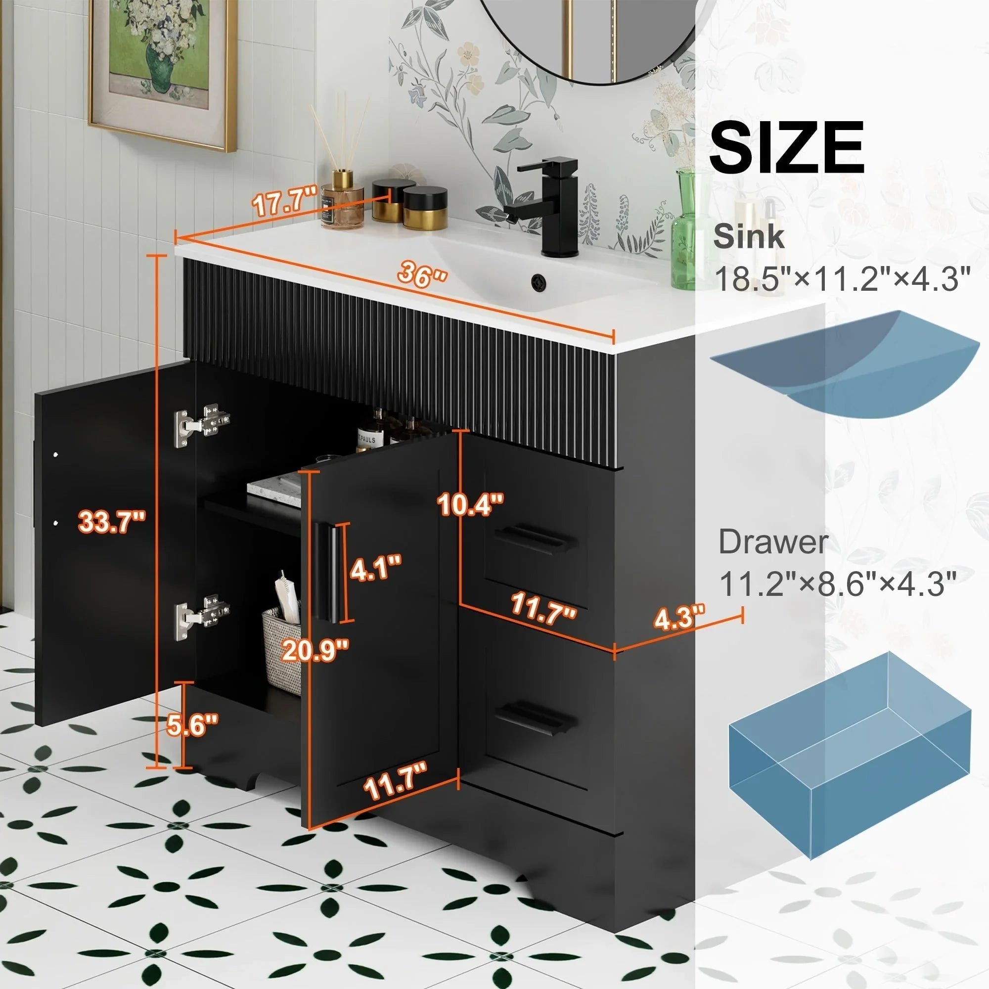 Wavy Line Ensemble meuble-lavabo de salle de bain 30/36/48 avec vasque & robinet