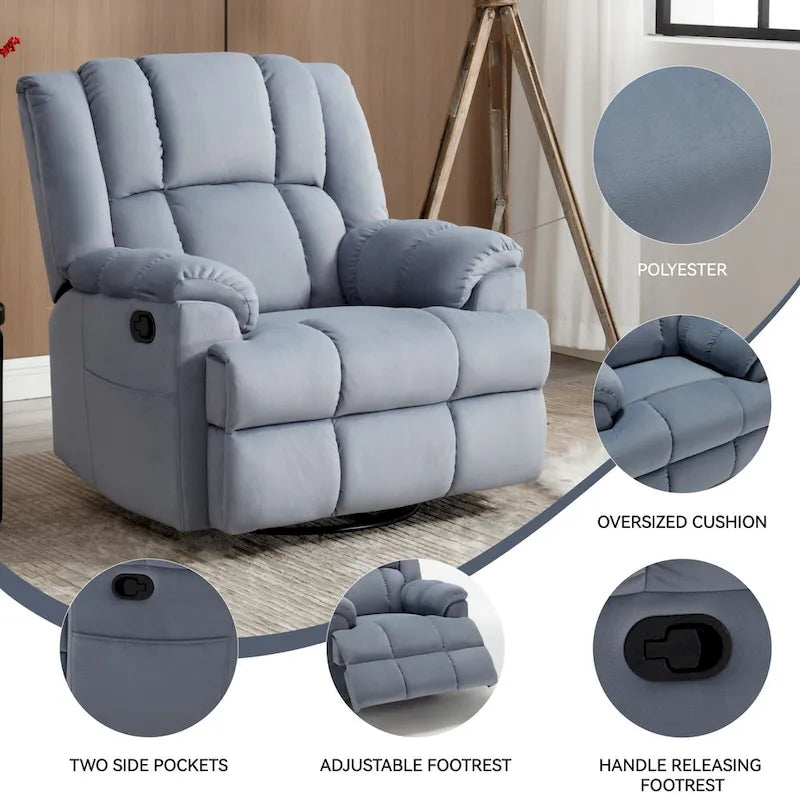 Fauteuil Inclinable Pivotant à Bascule en Tissu Lazy Boy, Grand Fauteuil Inclinable Manuel Surdimensionné avec Accoudoirs Matelassés et Dossier à Coussin