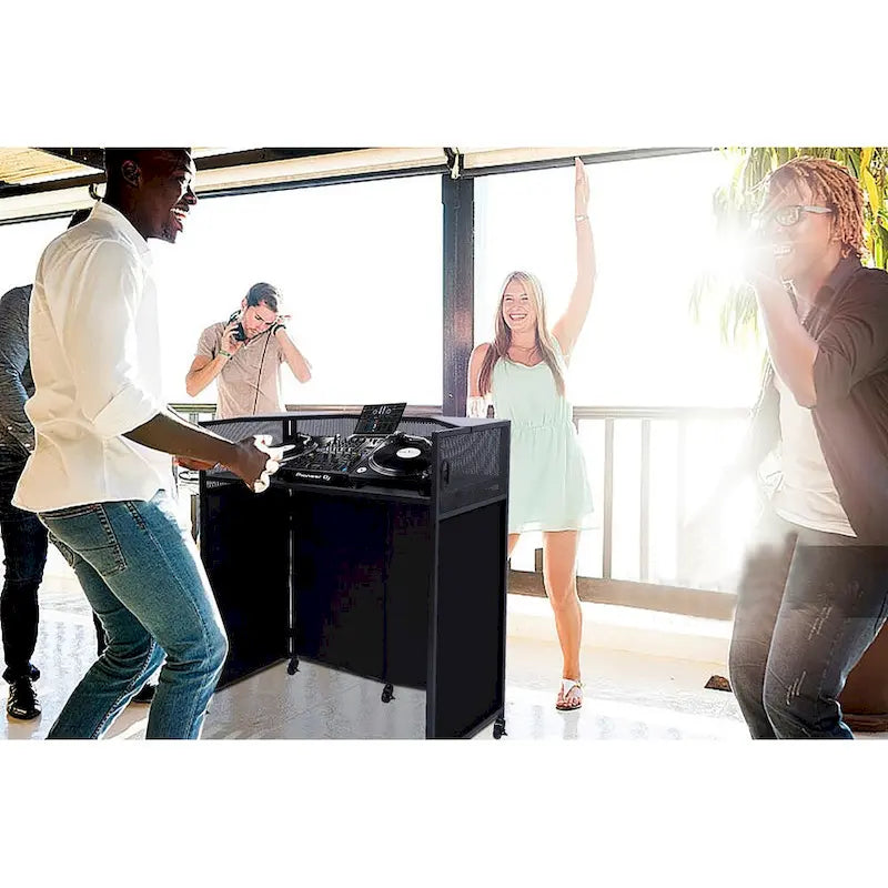 Ensemble de table de cabine DJ portable avec éclairage intégré, étui de transport robuste et dimensions compactes 40x20 pouces