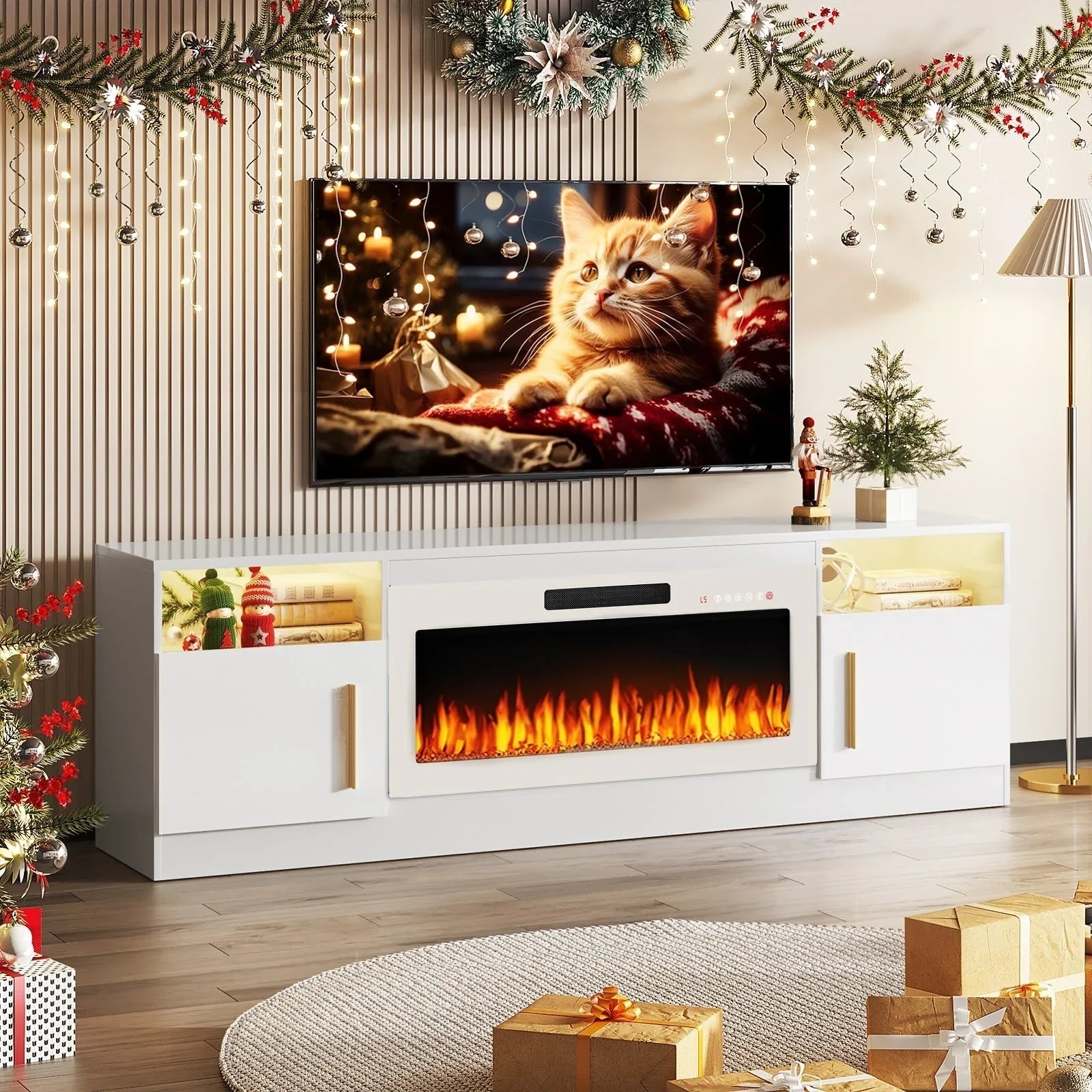 Bossin Meuble TV avec foyer 70 avec foyer électrique 36, meuble TV pour téléviseurs jusqu'à 80, LED 16 couleurs/meuble de divertissement
