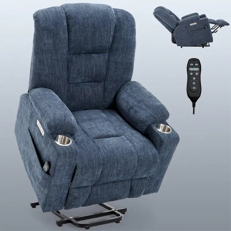 Fauteuil releveur électrique avec massage et chauffage, fauteuils inclinables larges rembourrés Lazy Boy avec USB, ports Type C et 2 porte-gobelets en acier