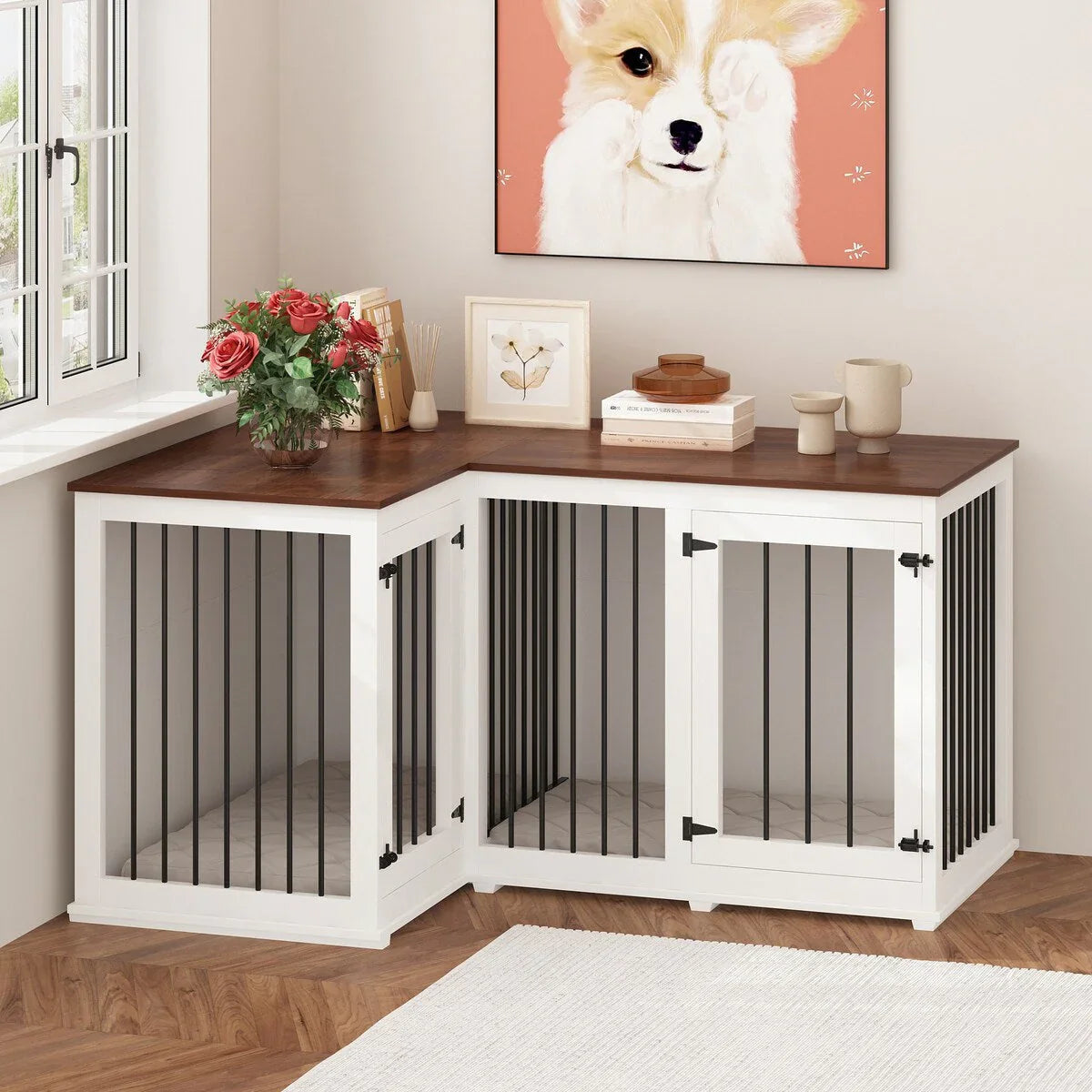Grand meuble cage d'angle pour chien pour 2 chiens, cage pour chien en forme de L - 58.7X41.1