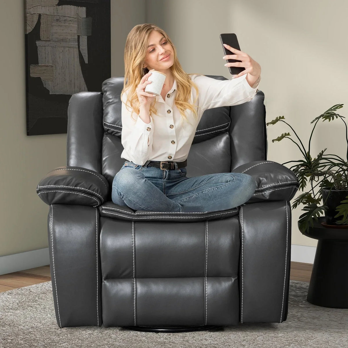 Fauteuil inclinable de massage et chaleur en cuir durable à assise large