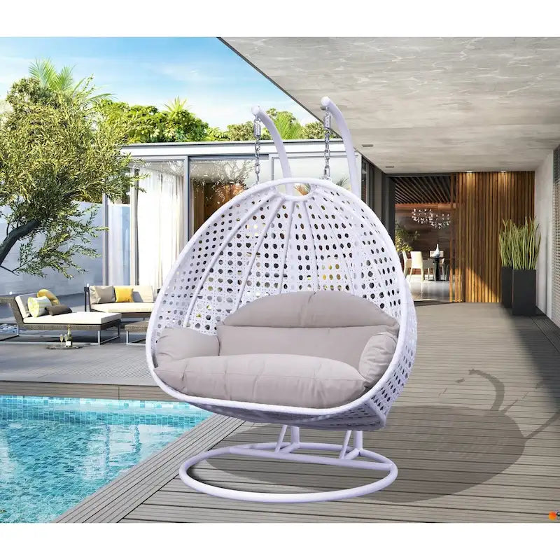 LeisureMod fauteuil œuf suspendu 2 personnes avec support - balancelle hamac d'extérieur / intérieur en rotin tressé avec coussins