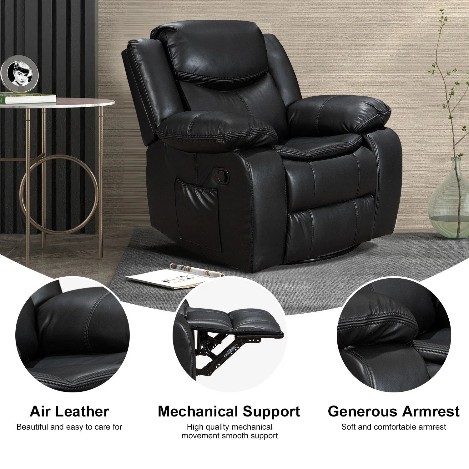 Fauteuil inclinable de massage et chaleur en cuir durable à assise large
