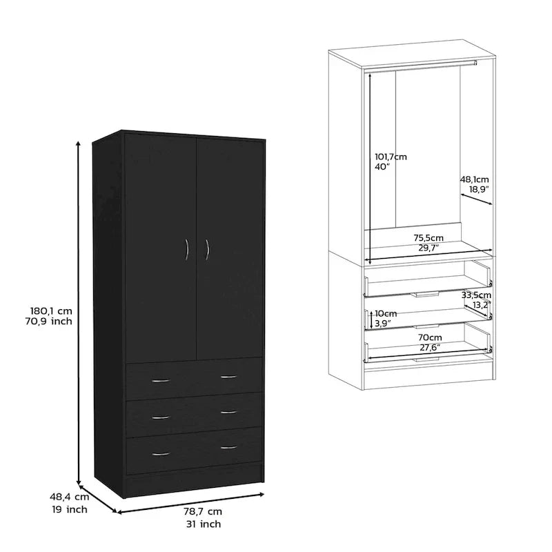 Armoire moderne à double porte 19 avec 3 tiroirs et 1 tringle de suspension pour chambre