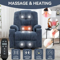 Fauteuil releveur électrique avec massage et chauffage, fauteuils inclinables larges rembourrés Lazy Boy avec USB, ports Type C et 2 porte-gobelets en acier