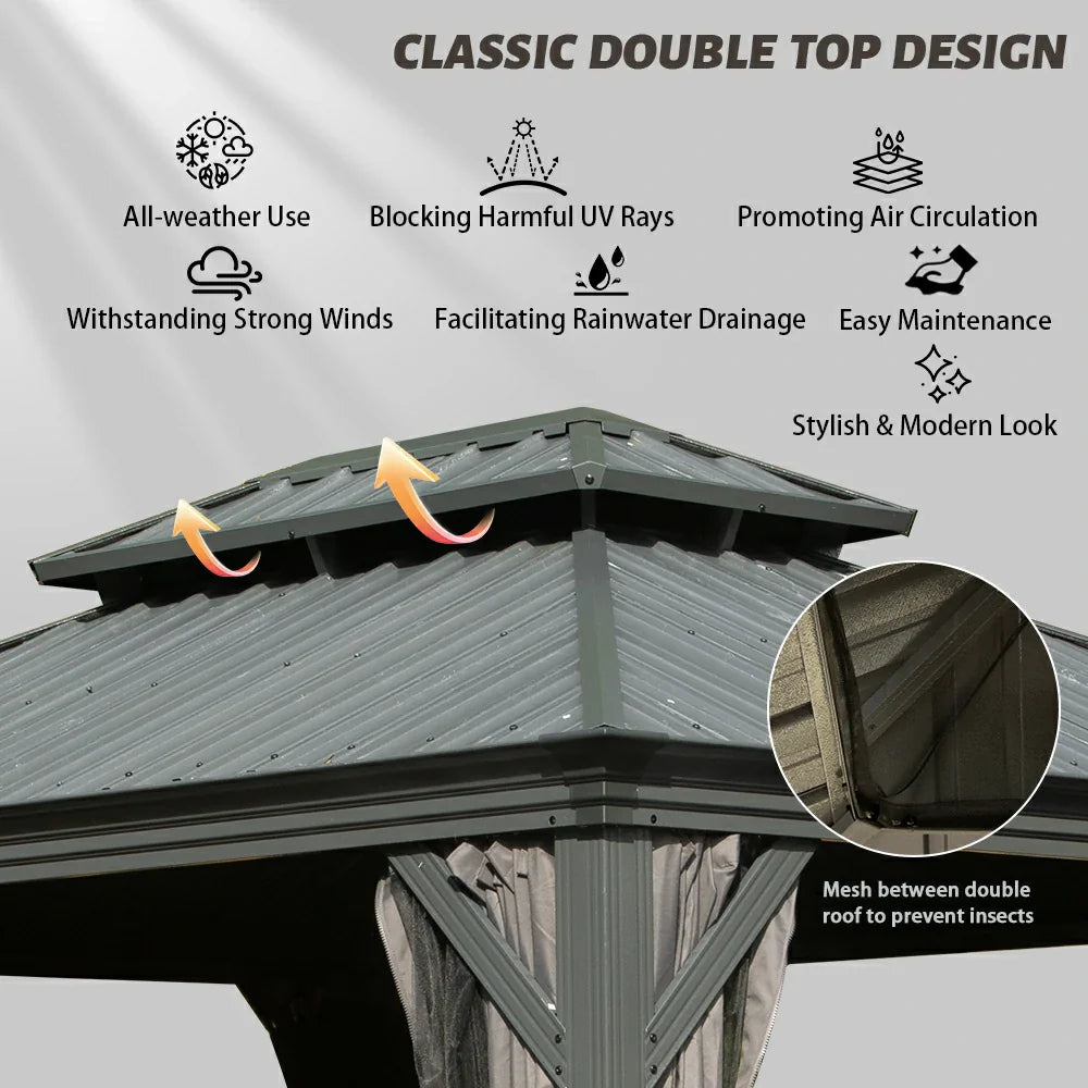 Gazebo with a galvanized steel hardtop and drainage gutters