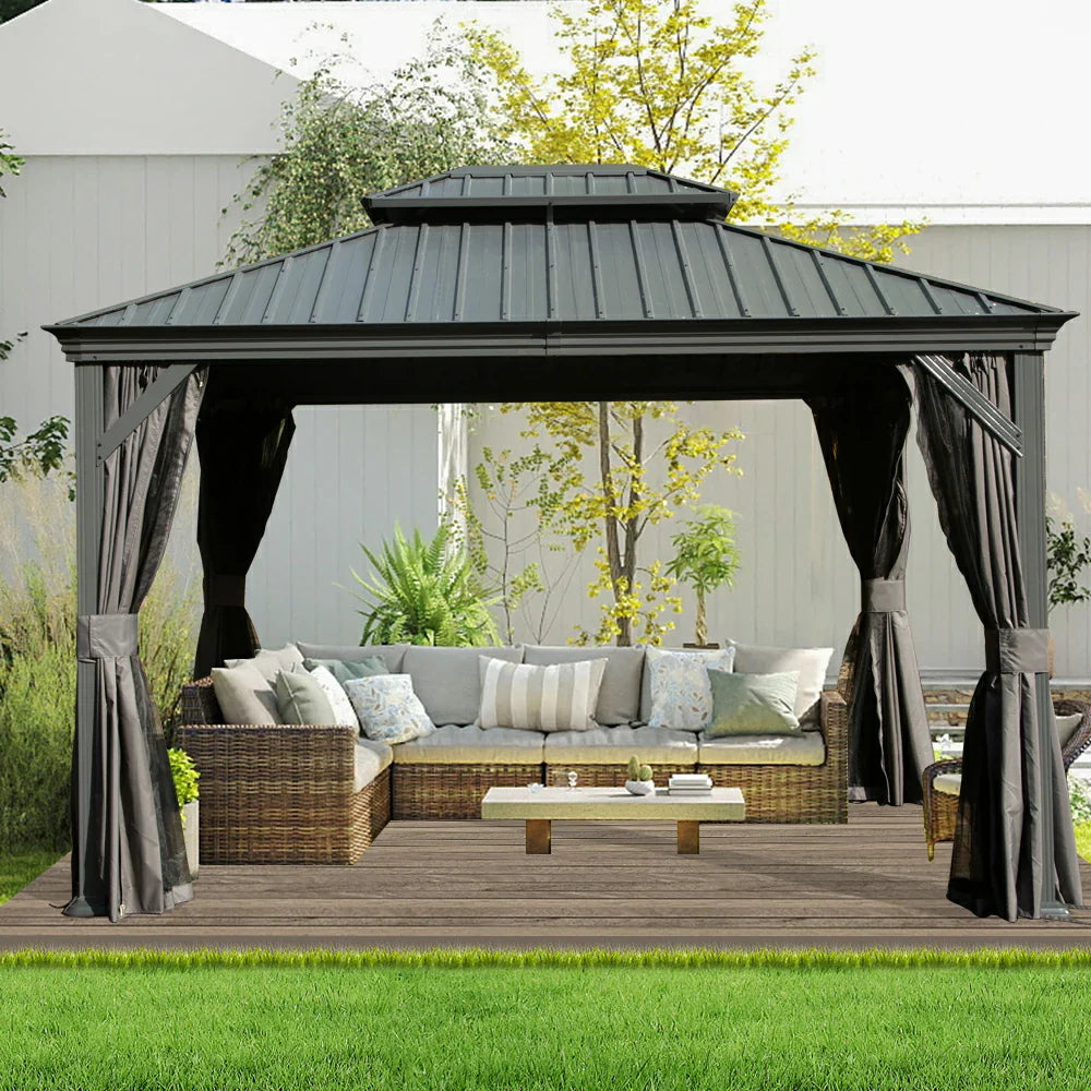 Gazebo with a galvanized steel hardtop and drainage gutters